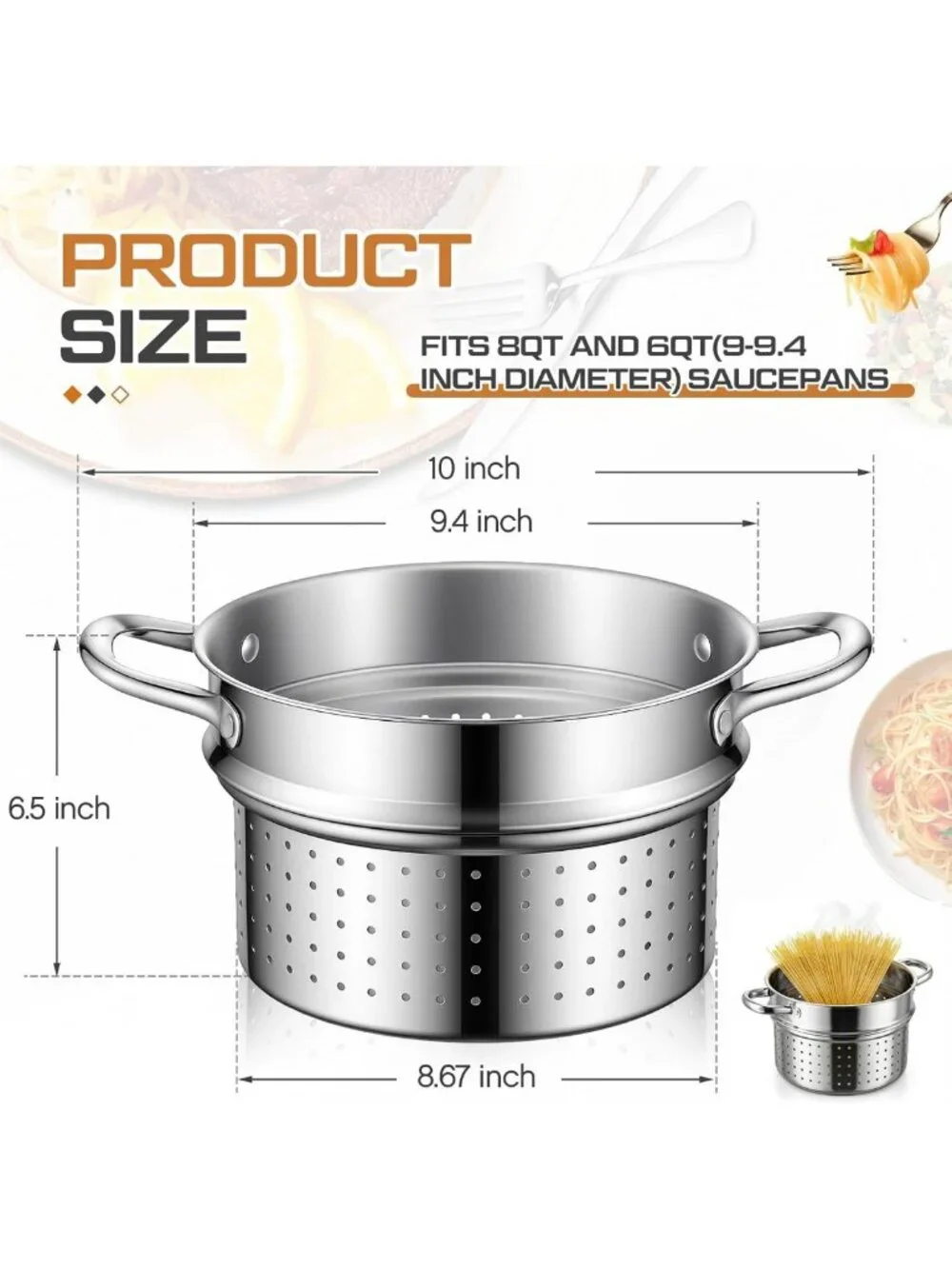 6 Qt Stainless Steel Pasta Strainer Insert with Handles - Fits 6 & 8 Qt Pots